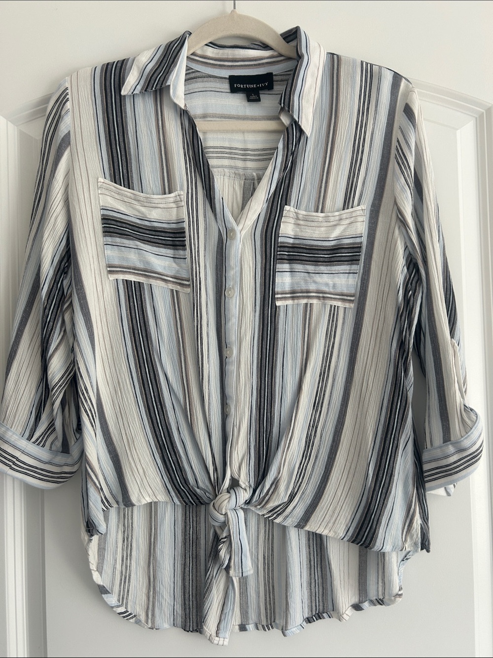 Fortune & Ivy Striped Tie-Front Button-Down Shirt - Blue, Gray, White